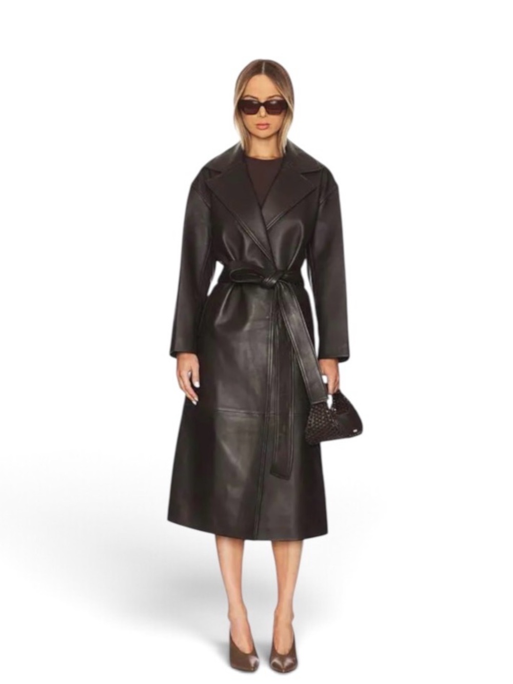 Women's Brown Leather Long Coat - Classic Trench Style